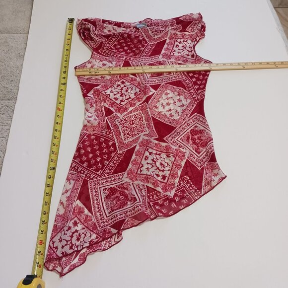 RAVE Y2K Red White Bandana Print Asymmetrical Hem Sheer Top - Picture 9 of 12